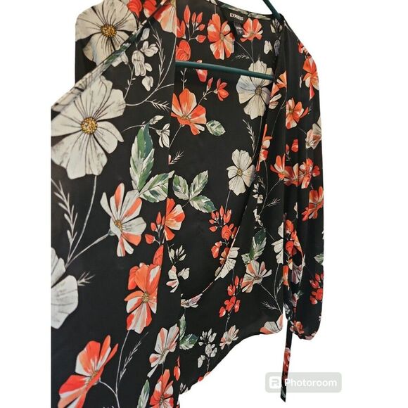 Express Floral Wrap Top Long Sleeves V-Neck Black Sz S - Picture 5 of 7